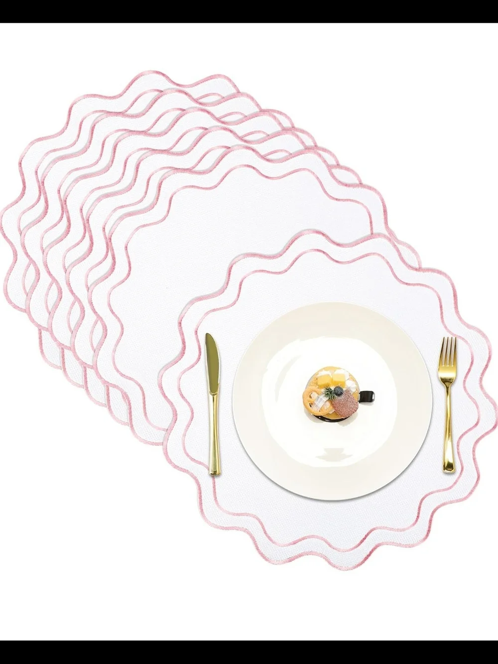 Scalloped Edge Pink Accent Round Placemats - Set of 12